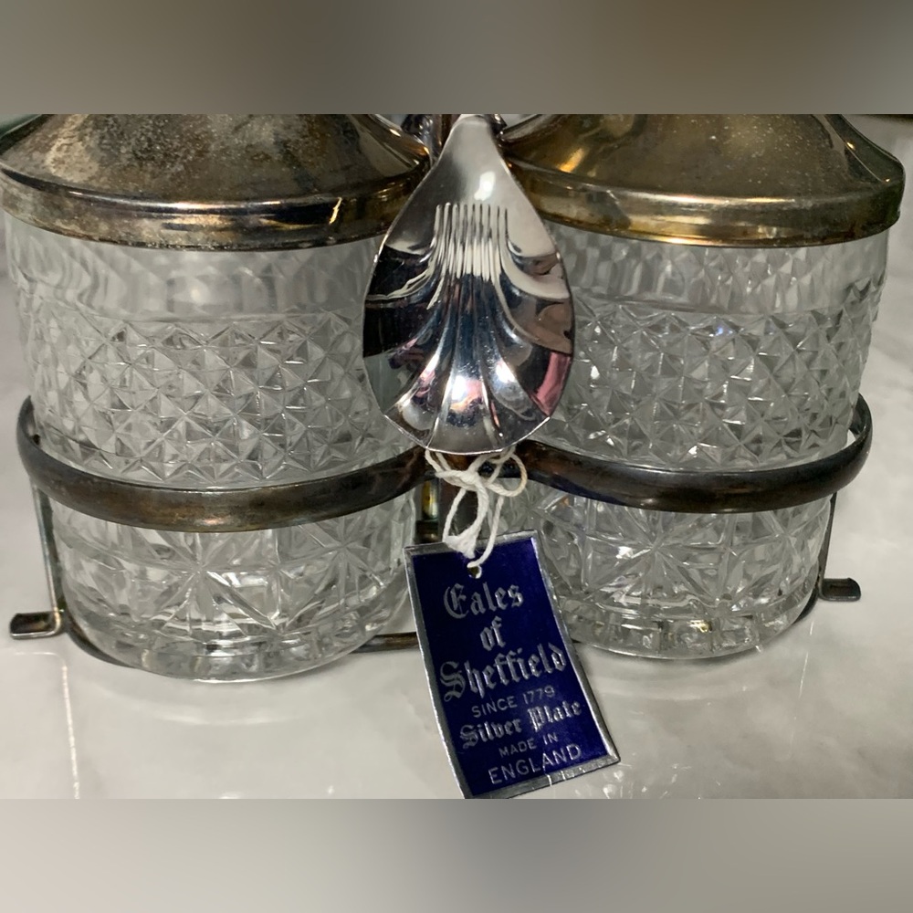 Vintage Eales of Sheffield Silver-Plated Condiment Cruet Set Jelly Jar England